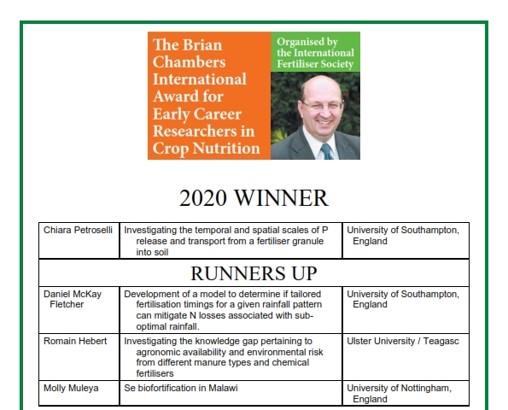 Congratulations to the winner and runners up in the 2020 Brian Chambers award for early career researchers in crop nutrition. And, indeed, to all ten finalists, as this was the tightest final yet. We'll be making the posters available for all to view soon.