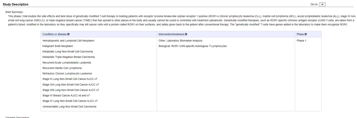 $ONCT's ROR1 CAR-T hits the clinic mid-2021. The only other ROR1 CAR-T is Juno's, which initiated in 2016. When data? Dunno. But note the breadth of signal finding: lung, breast, heme, and "malignant solid neoplasm". Q: did Merck/Boehringer know what Juno's seen?