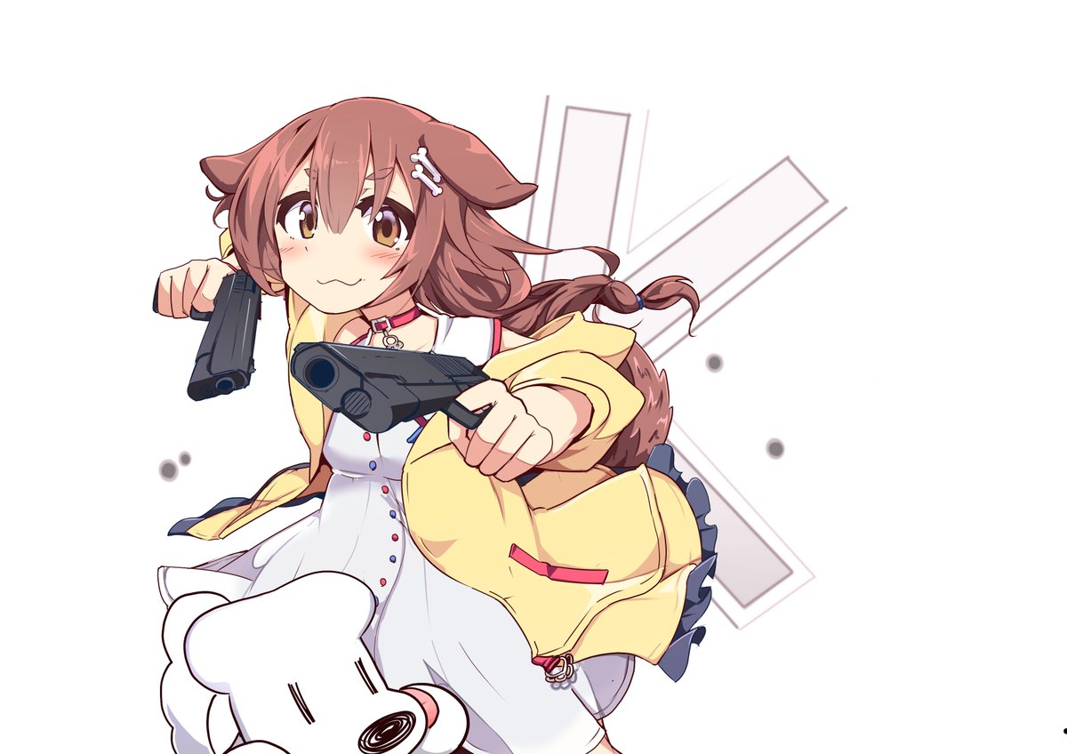 inugami korone 1girl animal ears weapon gun hair ornament brown hair bone hair ornament  illustration images