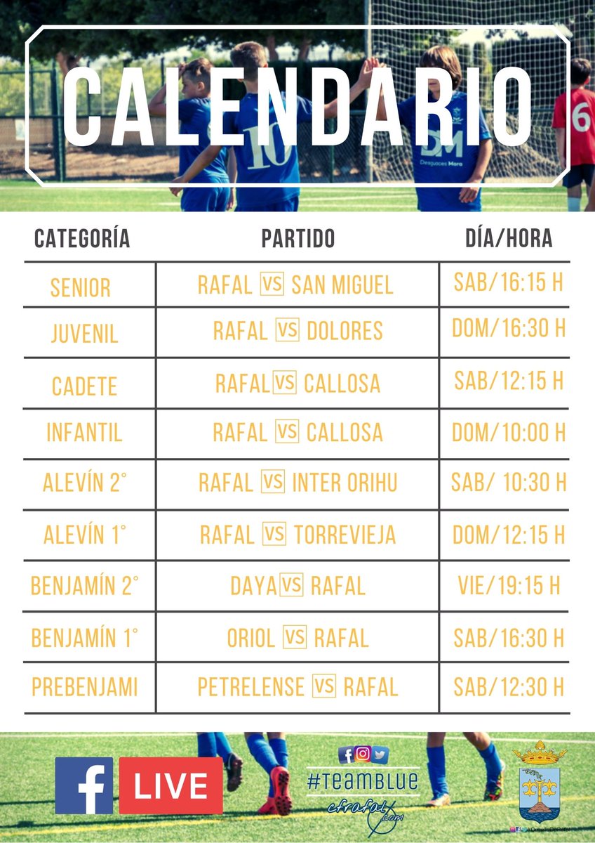 CF_Rafal's tweet photo. El calendario de los equipos ⚽️  #TeamBlue, estos son los ⏰ horarios de todos los partidos, esta jornada se vuelve admitir público con aforo limitado.
📌 Senior
📌 Juvenil
📌 Cadete
📌 Infantil
📌 Alevín 2º
📌 Alevín 1º

#TeamBlue 
La diversión está en el juego https://t.co/kG6dsHSik8