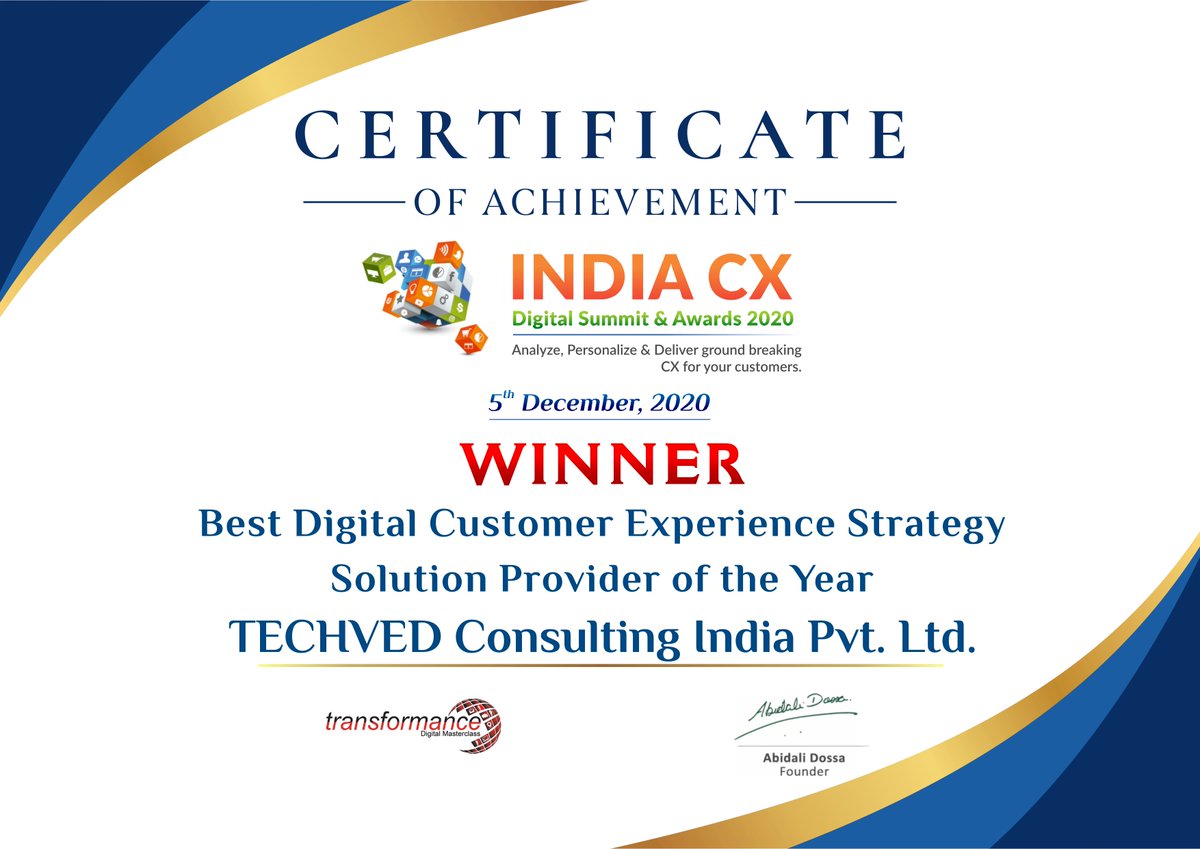 techved's tweet photo. TECHVED Consulting received the following Best Customer Experience Awards in India's largest Summit- India CX Summit &amp; Awards 2020✨
We are glad and happy to spread Digital Customer Experience across the world!✨

#awards #awardwinner #summit #awardsceremony #cerificate #indiacx https://t.co/whe2tFEWvm
