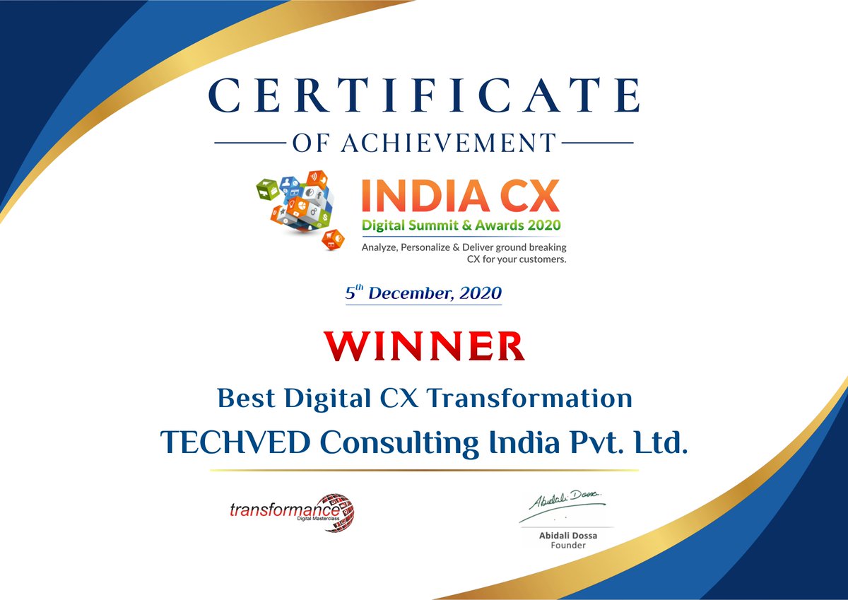 techved's tweet photo. TECHVED Consulting received the following Best Customer Experience Awards in India's largest Summit- India CX Summit &amp; Awards 2020✨
We are glad and happy to spread Digital Customer Experience across the world!✨

#awards #awardwinner #summit #awardsceremony #cerificate #indiacx https://t.co/whe2tFEWvm
