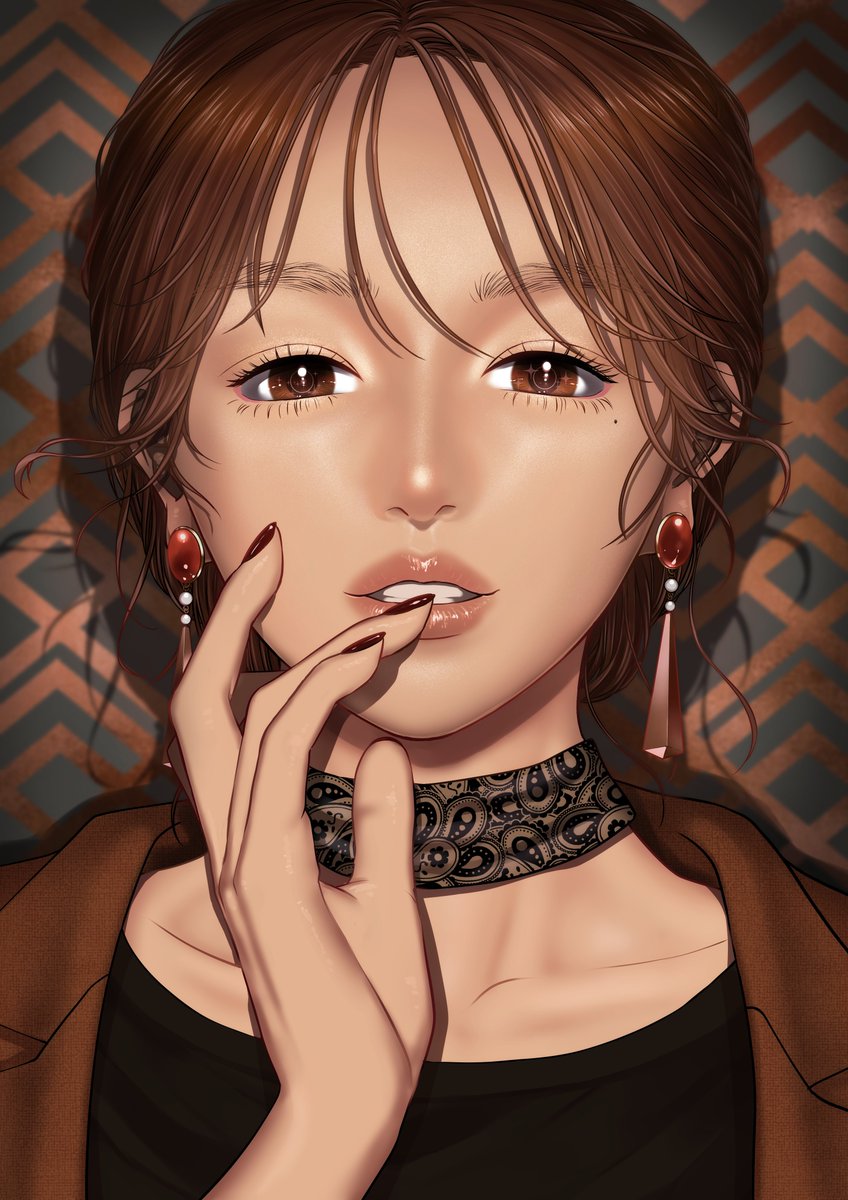 1girl solo brown hair brown eyes jewelry earrings mole  illustration images