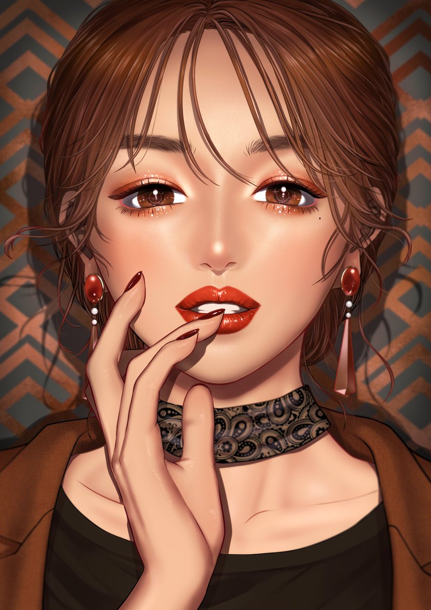 1girl solo brown hair brown eyes jewelry earrings mole  illustration images