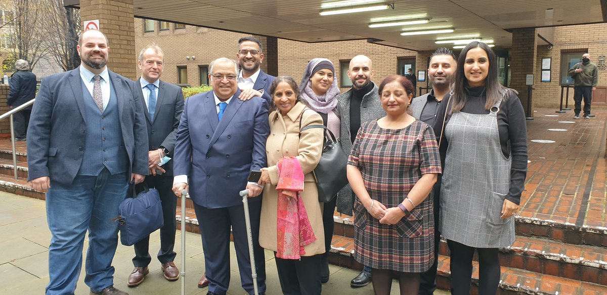 The first Subpostmasters to have their criminal convictions quashed - some after a 17 year campaign: left - Chris Trousdale, 3rd left Vipin Patel, 4th right Kamran Ashraf, 3rd right Jaswinder Barang.