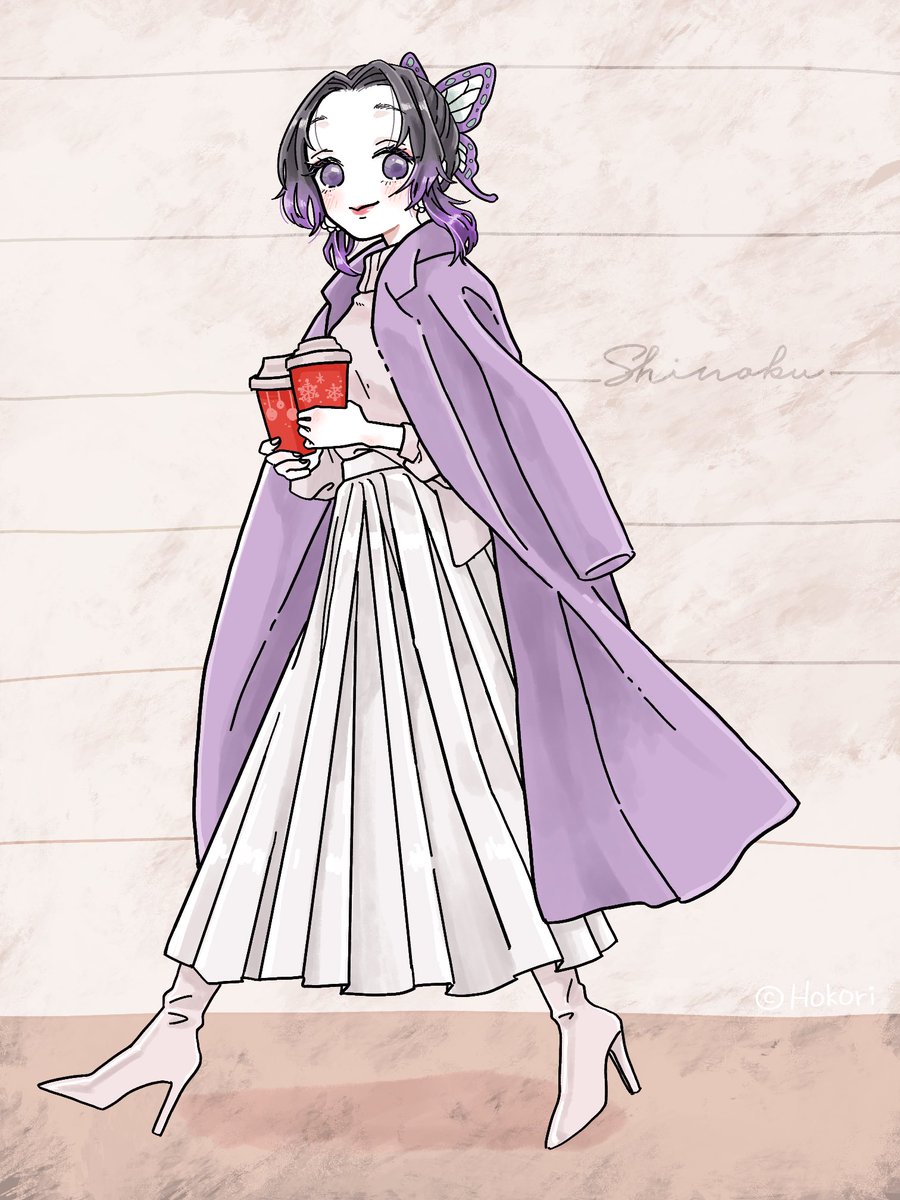 ほこり Lineスタンプ Line絵文字 リクエスト頂いた 胡蝶しのぶ さん 前回の禰 豆子ちゃんが現代風だったので しのぶさんも現代風に ラベンダーカラーの コートの中はワントーンで 白のレザープリーツスカートで 大人可愛く 鬼滅の刃 鬼滅の