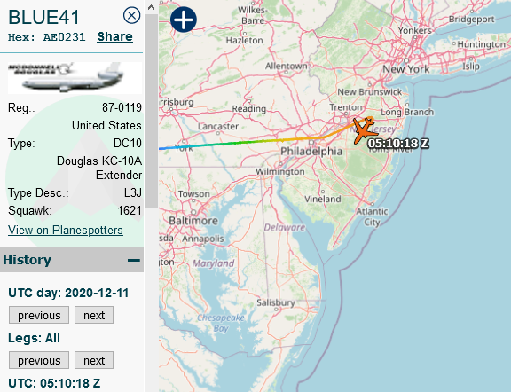SirListenalot's tweet photo. Earlier today #KC10 #AE0231 87-0119 as #BLUE41 out of Travis and #KC135 #AE0507 61-0323 as #BLUE42 (out of Fairchild?) relocated to McGuire. They'll probably be dragging some "LN" #F15's from Warner Robins to Lakenheath soon https://t.co/4EBxNGPBm0