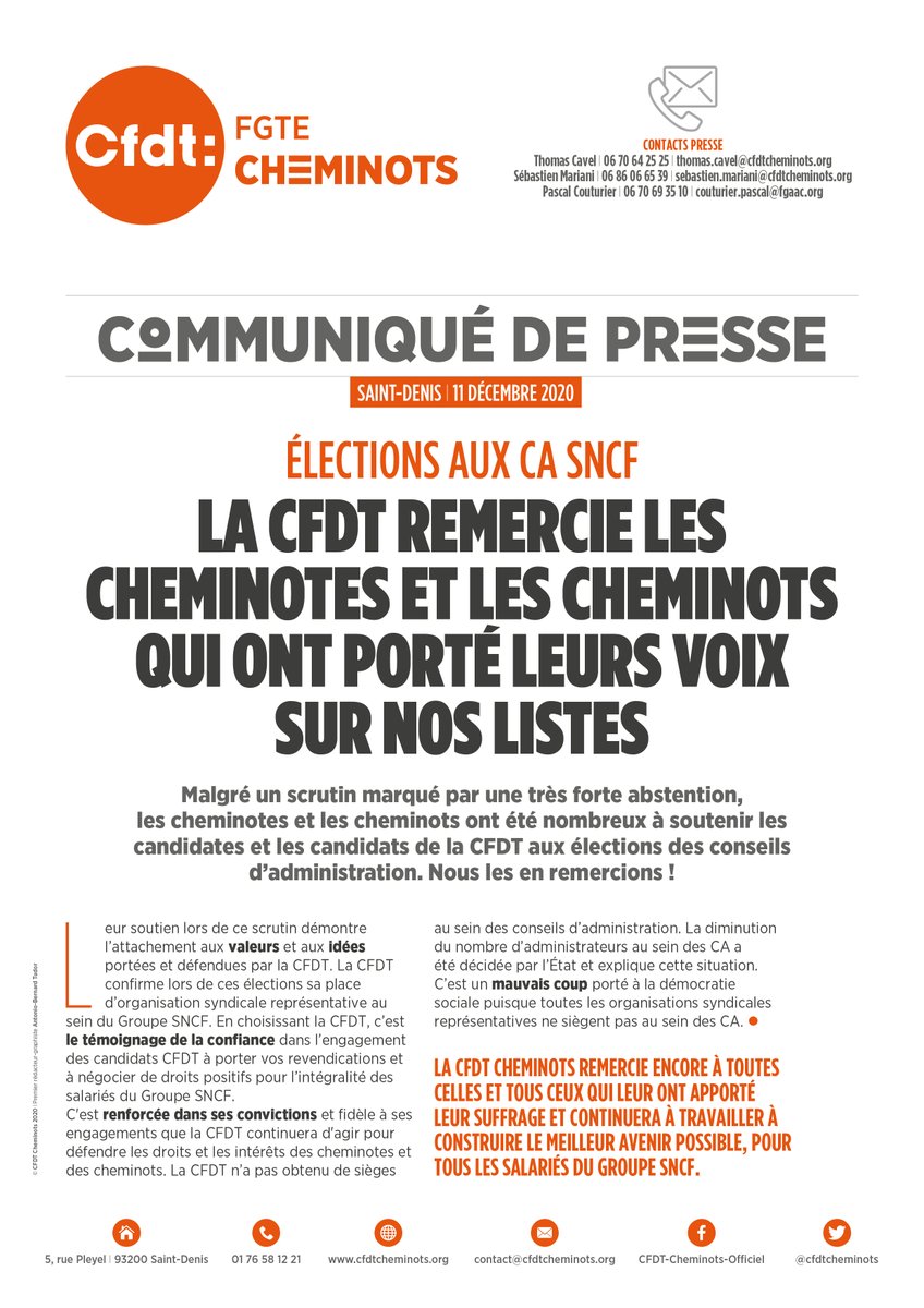 cfdtcheminots's tweet photo. II COMMUNIQUÉ DE PRESSE II La @cfdtcheminots remercie les cheminotes et les cheminots qui ont porté leurs voix sur nos listes

🔗 https://t.co/S5JS98tCb4 https://t.co/yqwPFTsXYZ