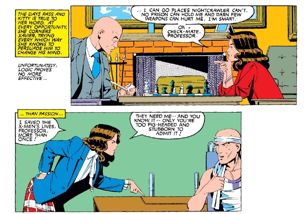 With the launch of New Mutants in 1982, Kitty became a somewhat liminal figure, capable of occupying a place on either team, and thus providing important expository opportunities for Claremont to explore and explain the differences between the New Mutants and the X-Men. 2/6