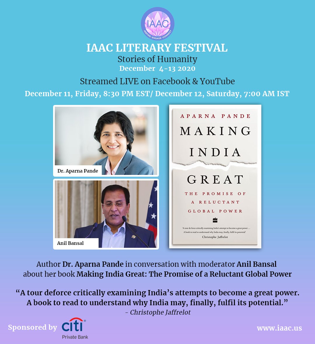 IAArtsCouncil's tweet photo. Join us today live on Facebook and YouTube, author @Aparna_Pande at 8:30 PM EST & author @jyotsnamohan 9:30 PM EST will be talking about their books.
#IAAC #litfest2020 #books #Literature #IndoAmericanArtsCouncil #LiteraryFestival2020 #literary #nonfictionbooks #fictionbooks https://t.co/K4sch8z8K9