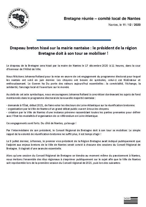 Drapeau breton hissé sur la mairie de #Nantes : le président de la <a href="/regionbretagne/">Région Bretagne</a>, <a href="/LoigCG/">Loïg Chesnais-Girard</a> doit à son tour se mobiliser !