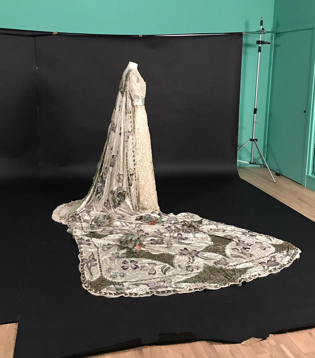 #UlsterMuseumAdvent Day 11 | This Brussels lace and Irish crochet court dress with beaded train dating 1911 is in our #LaBelleÉpoque exhibition! Here's a behind the scenes look at photographing it - look out for the photos in an online tour soon! #FashionHistory #Dresshistory