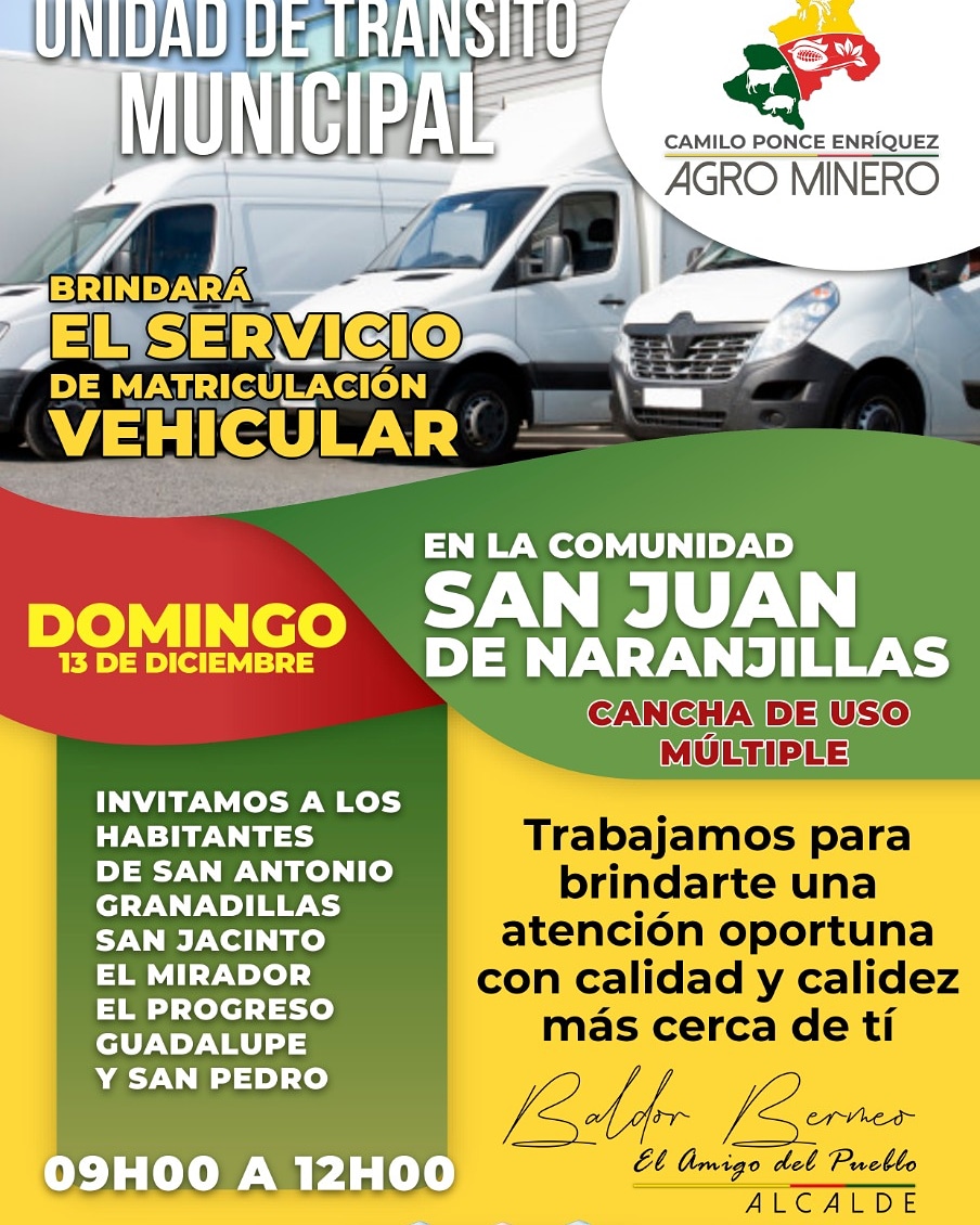 GADCPE's tweet photo. Estaremos este domingo 13 de diciembre brindando el servicio de revisión y matriculación vehicular en la comunidad de San Juan de Naranjillas, invitamos a los habitantes del sector y comunidades aledañas  para que realicen este trámite. 
@Lenin @ANT_ECUADOR https://t.co/7YNSg5XBK3