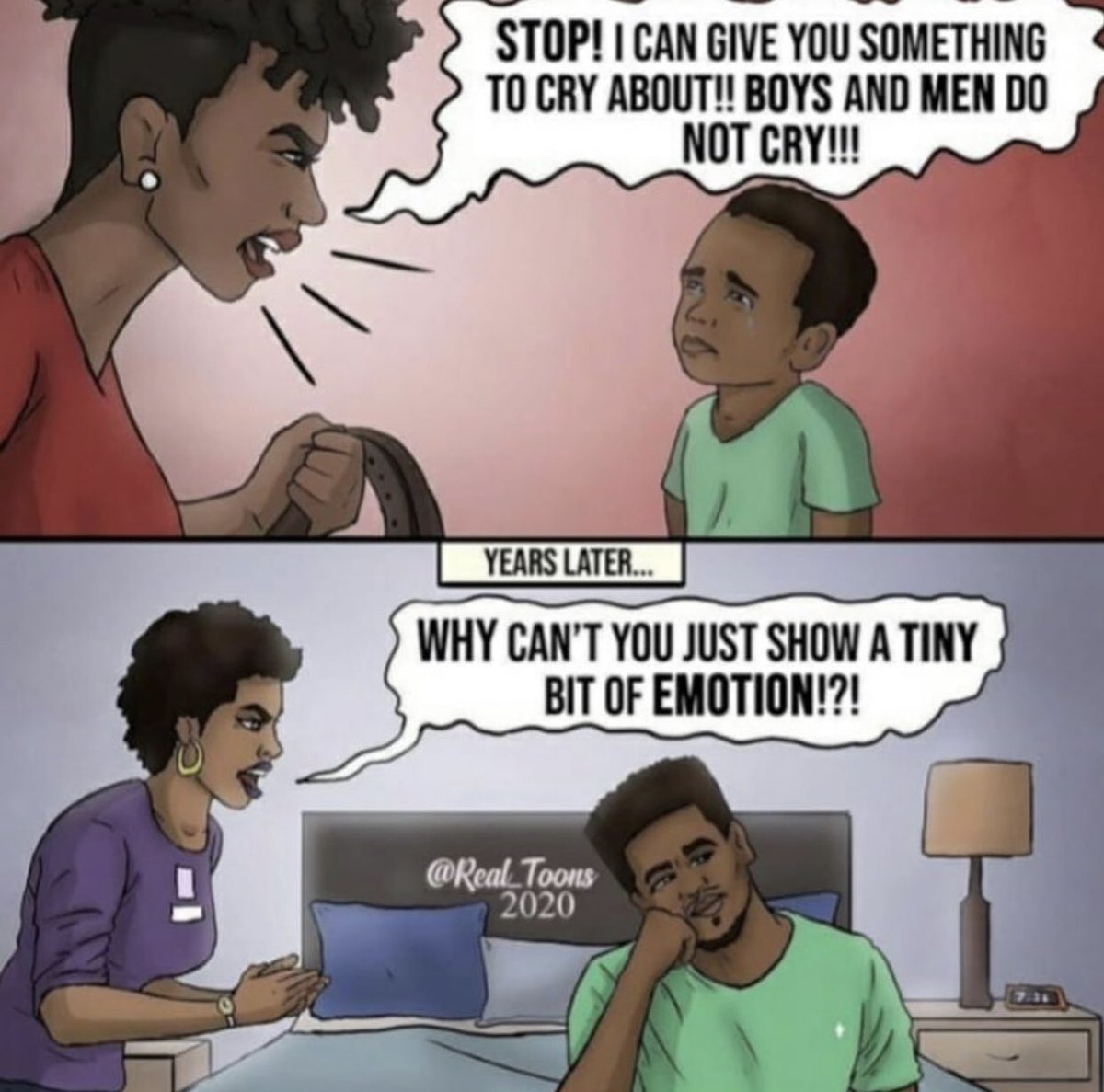 This pic is so dope, the one thing that it doesn’t illustrate is how us Black men were raised to self heal, what happens AFTER this picture is the most troubling ... have to lick your own wounds and piece ourselves back together is what REALLY causes issues with communication