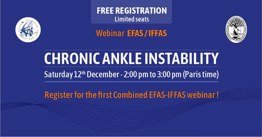 EFASnews's tweet photo. Last chance for you to get registered now for the first combined #EFAS-#IFFAS Webinar!
We will talk about chronic ankle instability with Yves Tourné, Cristian Ortiz, Jin Woo Lee and Kris Buedts !
Programme and registration: https://t.co/SoDTYAGSYu https://t.co/PcV7lY5caZ