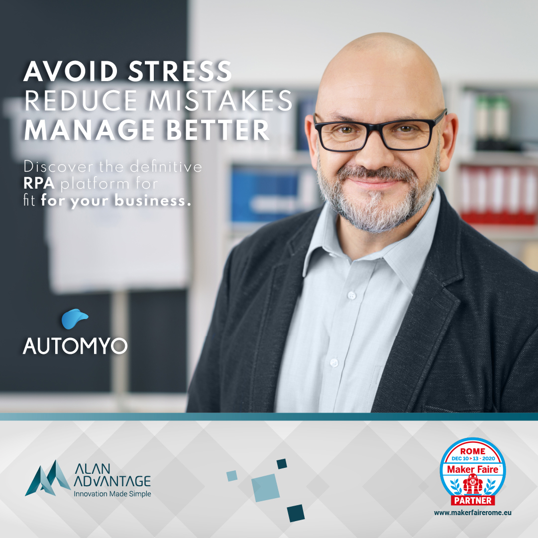 MakerFaireRome's tweet photo. Passa allo stand virtuale di @AlanAdvantage a #MFR2020 e scopri #Automyo, la startup innovativa che soluzioni tech per l'automazione e l'ottimizzazione dei task aziendali in ottica #HumanCentered!
▶ https://t.co/bOiKnjZX8b
#VirtualEmployee #Automation #IPA https://t.co/xxpERgOtN0