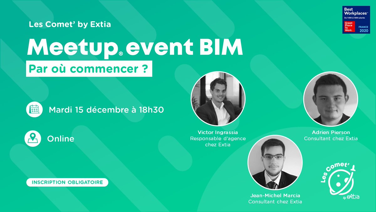 Extia_conseil's tweet photo. 🚨 Notre nouvelle @CometbyExtia BIM ☄ lance son 2e événement ! Un Meetup® Event où vous pourrez apprendre à lancer un projet en Building Information Modeling.
Venez nombreux. 🤓
Inscription et programme juste ici : https://t.co/tMIihm3qtm
#MeetupEvent #BIM #GreatPlacetoLearn https://t.co/cCOaHDRRUr