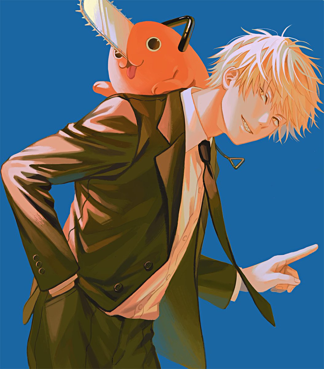 denji (chainsaw man) ,pochita (chainsaw man) 1boy necktie blonde hair simple background chainsaw black necktie shirt  illustration images