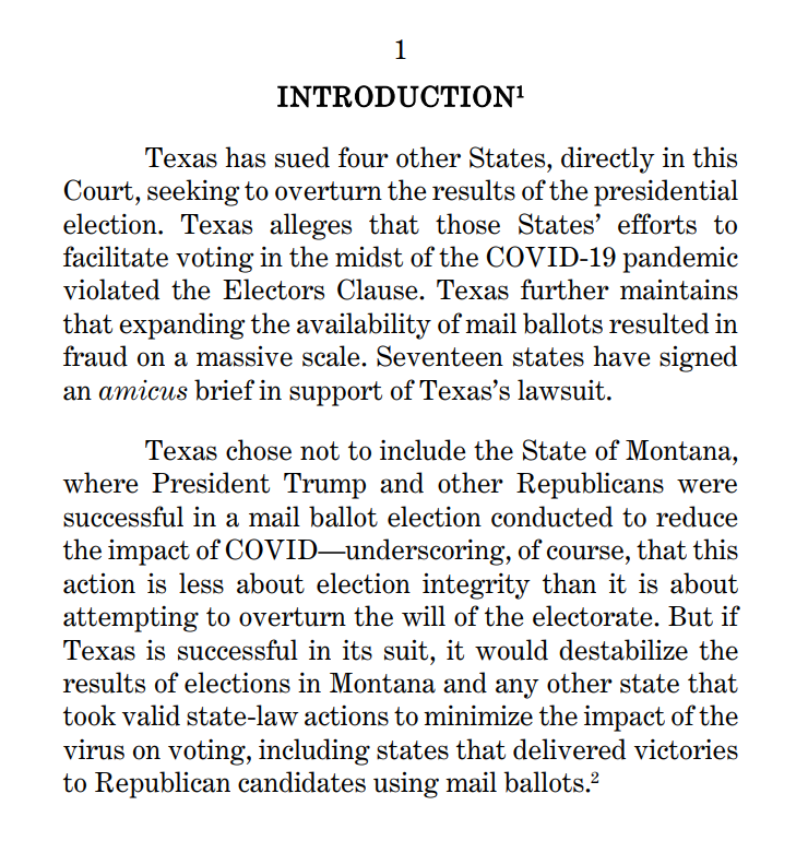 Montana's governor says his state did many of the things Texas said make an election illegal but Texas didn't sue them because Trump won, "underscoring, of course, that this is less about election integrity than it is about attempting to overturn the will of the electorate."