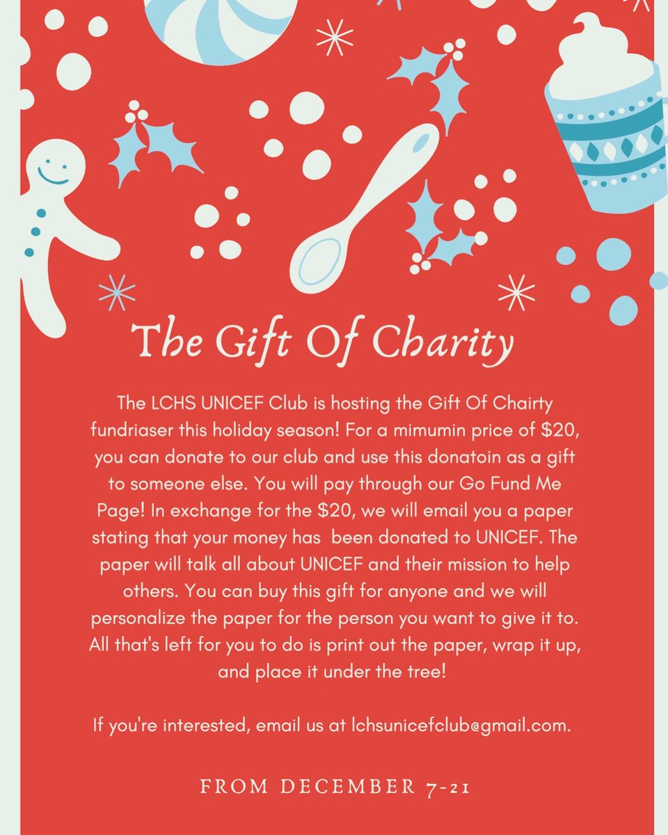 We are hosting our first holiday fundraiser! This is the perfect gift for your loved one or a fried! If you want to participate, send us a message or an email! Your donation will help children in need all over the world. Thank you for your support!