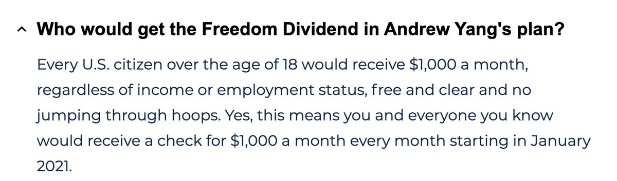 Andrew Yang's UBI program is for CITIZENS ONLY, which is why some white nationalists loved it. This would have excluded ~2.5 million noncitizen residents of NYC. He has a 25-question UBI FAQ, but nothing on how to support noncitizens.