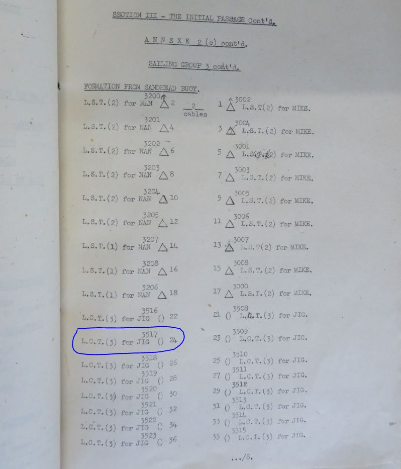 The LTINs are the key number throughout the D-Day planning and orders – used in embarkation, mooring, sailing and beaching plans. Notice 3517,  #LCT7074's LTIN, below right.