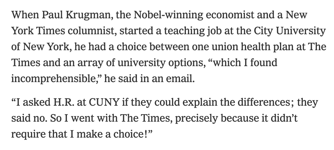 Guess who else finds picking the best health insurance plan difficult? Nobel-winning economist  @paulkrugman  https://www.nytimes.com/2020/12/11/upshot/choosing-health-insurance-is-hard.html