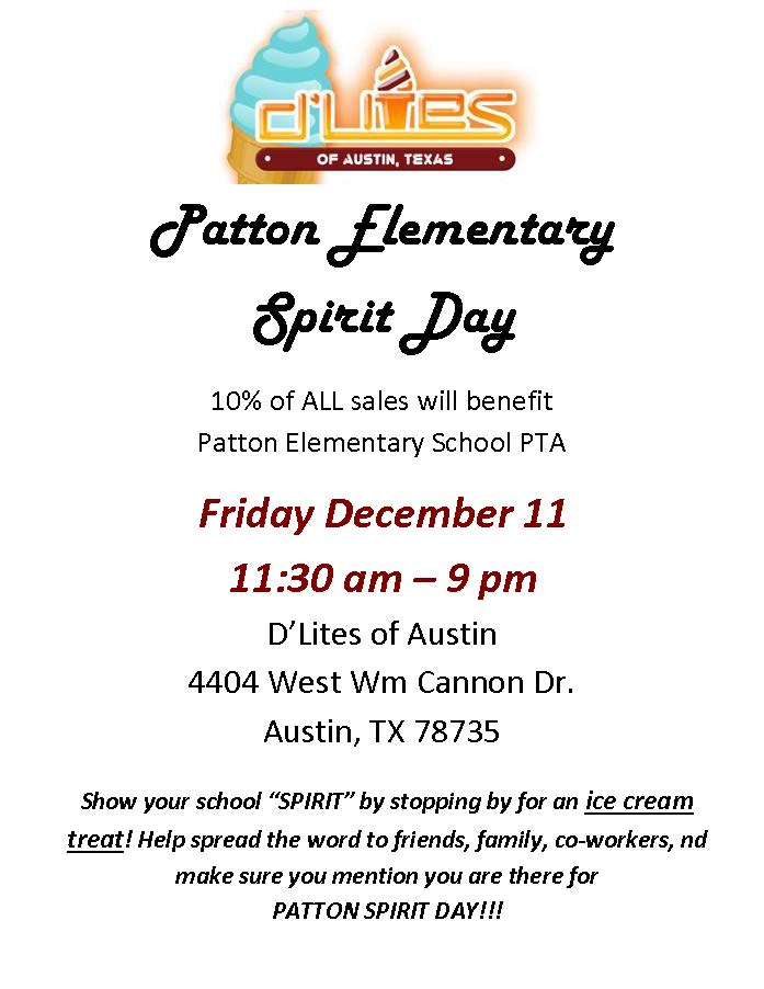 Reminder, Spirit Day today at D’Lites! ALL DAY, from 11:30 am to 9:00 pm. Stop by for a tasty treat and support Patton ❤️