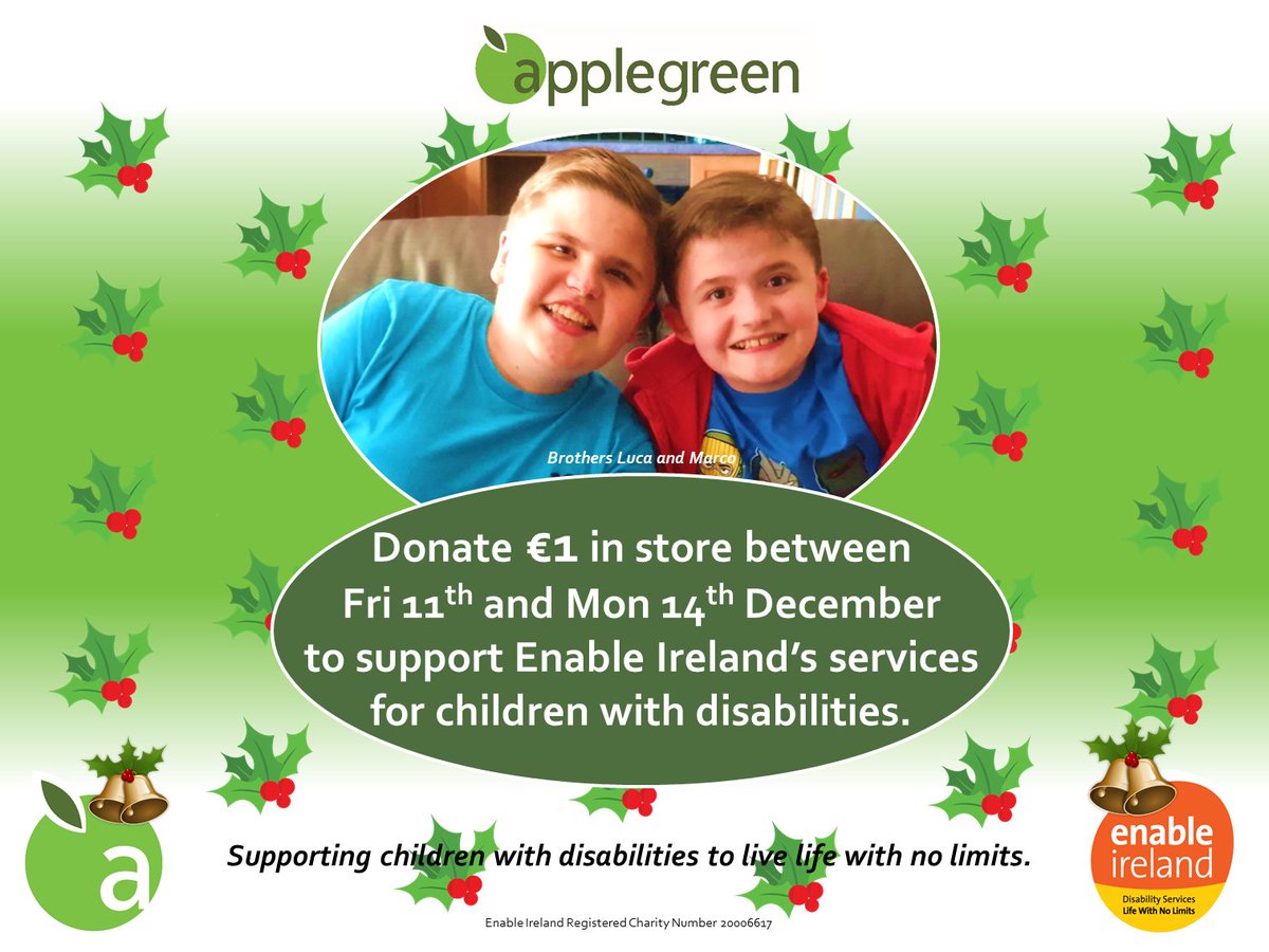 goapplegreen's tweet photo. This weekend we are fundraising to support Enable Ireland’s services for children with disabilities.

You can show  your support by donating €1 at the till in Applegreen stores from the 11th–14th December. 

#powerofcommunity #lifewithnolimits https://t.co/2uQGposVVM