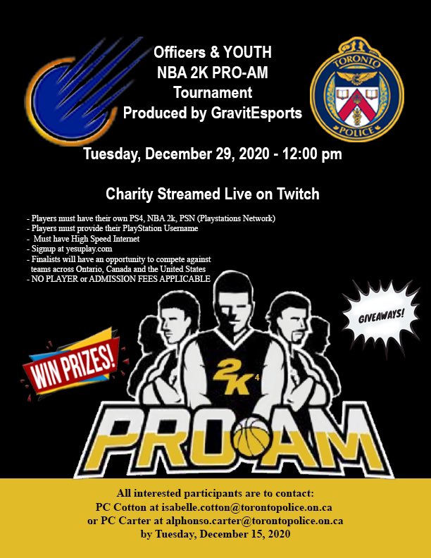 Fun way to engage with the police! Registrations open for the #NBA2k20 gaming event between youth and police officers. Event takes place Dec 29. Spread the word, signup at yesuplay.com <a href="/TPSRydzik/">Dave Rydzik</a> <a href="/TPSNickNei/">Nick Nei</a> <a href="/TPSPRowe/">Paul Rowe</a> <a href="/PCArsenault/">Randall Arsenault</a>