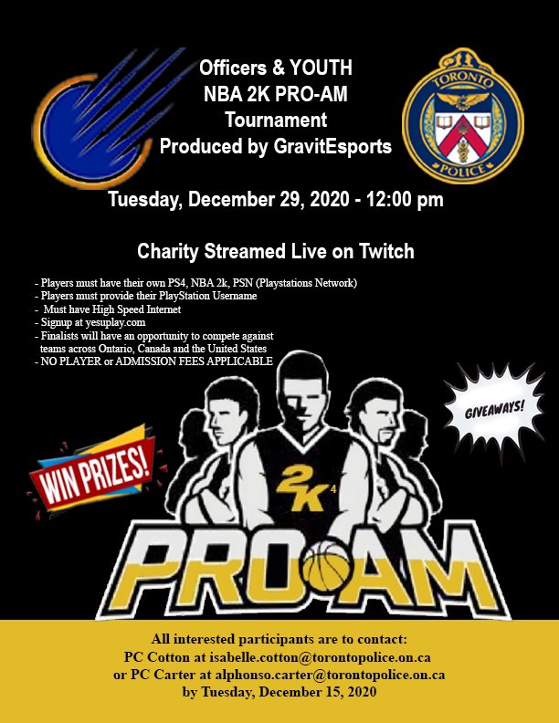 Fun way to engage with the police! Registrations open for the #NBA2k20 gaming event between youth and police officers. Event takes place Dec 29. Spread the word, signup at yesuplay.com @TPSRydzik @TPSNickNei @TPSPRowe @PCArsenault