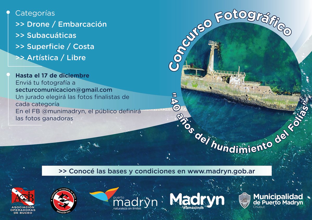 #MADRYN CONCURSO FOTOGRÁFICO Y RECREATIVO “40 AÑOS DEL HUNDIMIENTO DEL FOLÍAS”

📸 Es abierto a fotógrafos profesionales y aficionados

Categorías:
🔷 Superficie/Costa
🔷 Drone/Embarcación
🔷 Subacuática
🔷 Libre artística

Acá la info para participar: 
🌐 madryn.gob.ar/concurso-fotog…