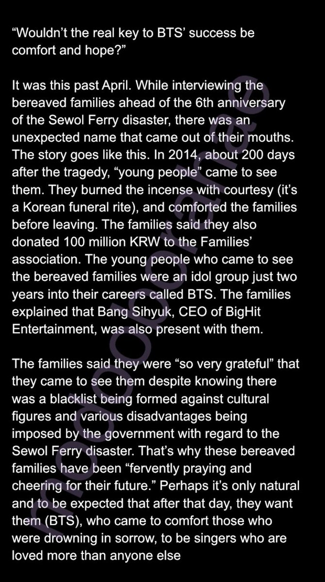 “Wouldn’t the real key to BTS’ success be comfort and hope?”This is incredible. I didn’t know that BTS & Bang PD actually met the Sewol Ferry families in Oct 2014. They were only in their 2nd yr and the families were worried they would get blacklisted so they prayed for them 