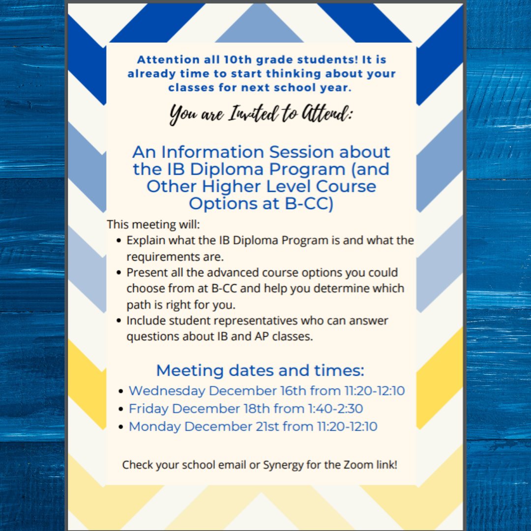 B-CC Counseling (@counseling_bcc) on Twitter photo Hey 10th graders, are you interested in pursuing the IB Diploma program? Come to one of the info session, details in flyer below! Parents, there's an info night for you too, click here for details: bit.ly/bccibparent  <a href="/bccsga23/">BCC HS Class of 2023 SGA</a> <a href="/OfficialBCCHS/">Bethesda-Chevy Chase High School</a> Hey 10th graders, are you interested in pursuing the IB Diploma program? Come to one of the info session, details in flyer below! Parents, there's an info night for you too, click here for details: bit.ly/bccibparent  <a href="/bccsga23/">BCC HS Class of 2023 SGA</a> <a href="/OfficialBCCHS/">Bethesda-Chevy Chase High School</a>