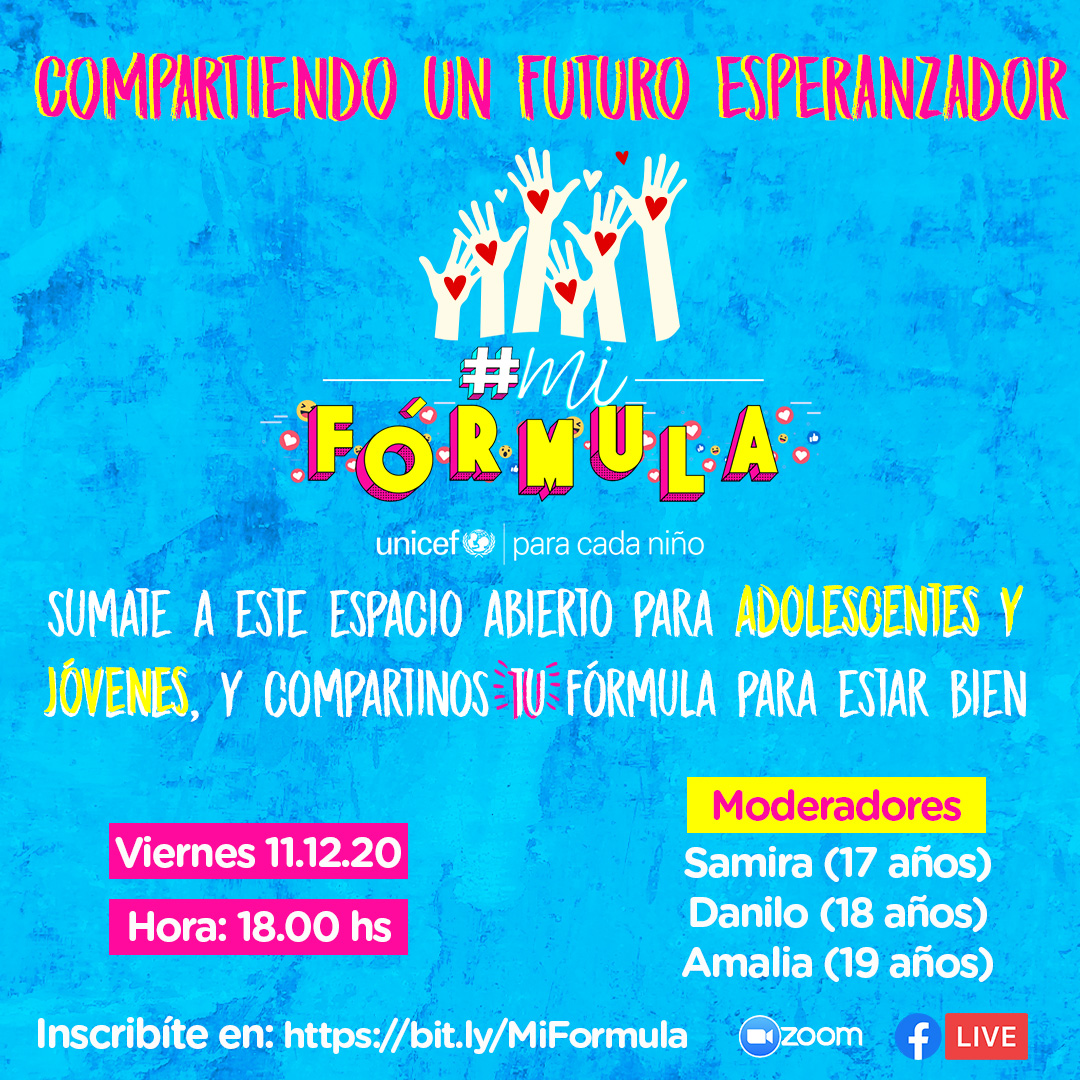 UNICEFParaguay's tweet photo. ¡HOY! 📢📢📢

En tiempos de pandemia cuidar de la salud mental es escencial y hablar de ello, también. 

👉Sumate a #MiFormula un conversatorio abierto para adolescentes y jóvenes📣🙌

📆 11/12
⌚ 18.00 hs
💻 Inscribite en: https://t.co/rQ9Bt6hBUm
📲 Transmisión por Facebook Live https://t.co/xgWyw6cQru