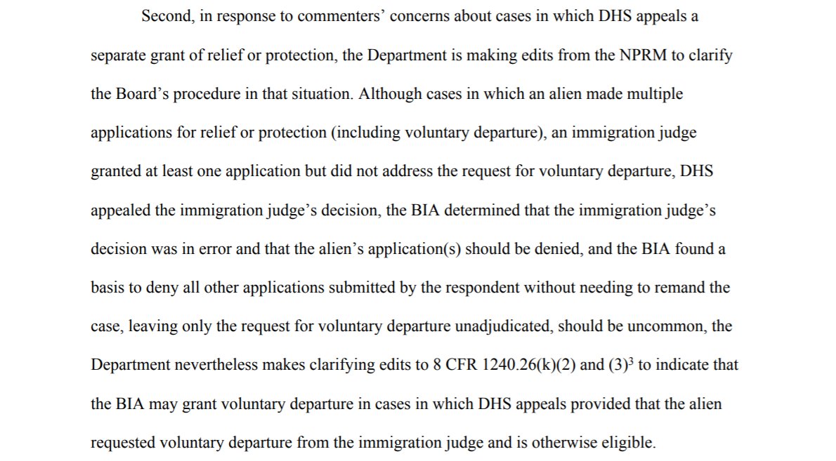 The final rule also makes some fixes to the initial proposal to allow the BIA to grant voluntary departure, all of which responded to comments pointing out that the original proposal had huge practical flaws.However, no changes to the BIA's new power to grant or deny relief.