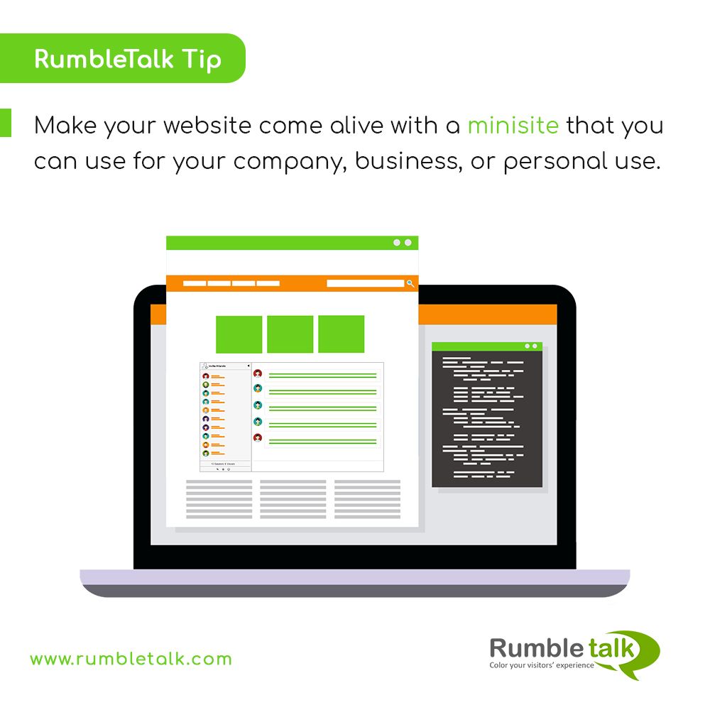 RumbleTalk's tweet image. Get a minisite where you can chat with your followers! Add a YouTube link, a short description of your site, and even your social media pages where they can find you. buff.ly/33ZEVO0 

#minisite #microsite #chatpage #onlinechatroom #wp