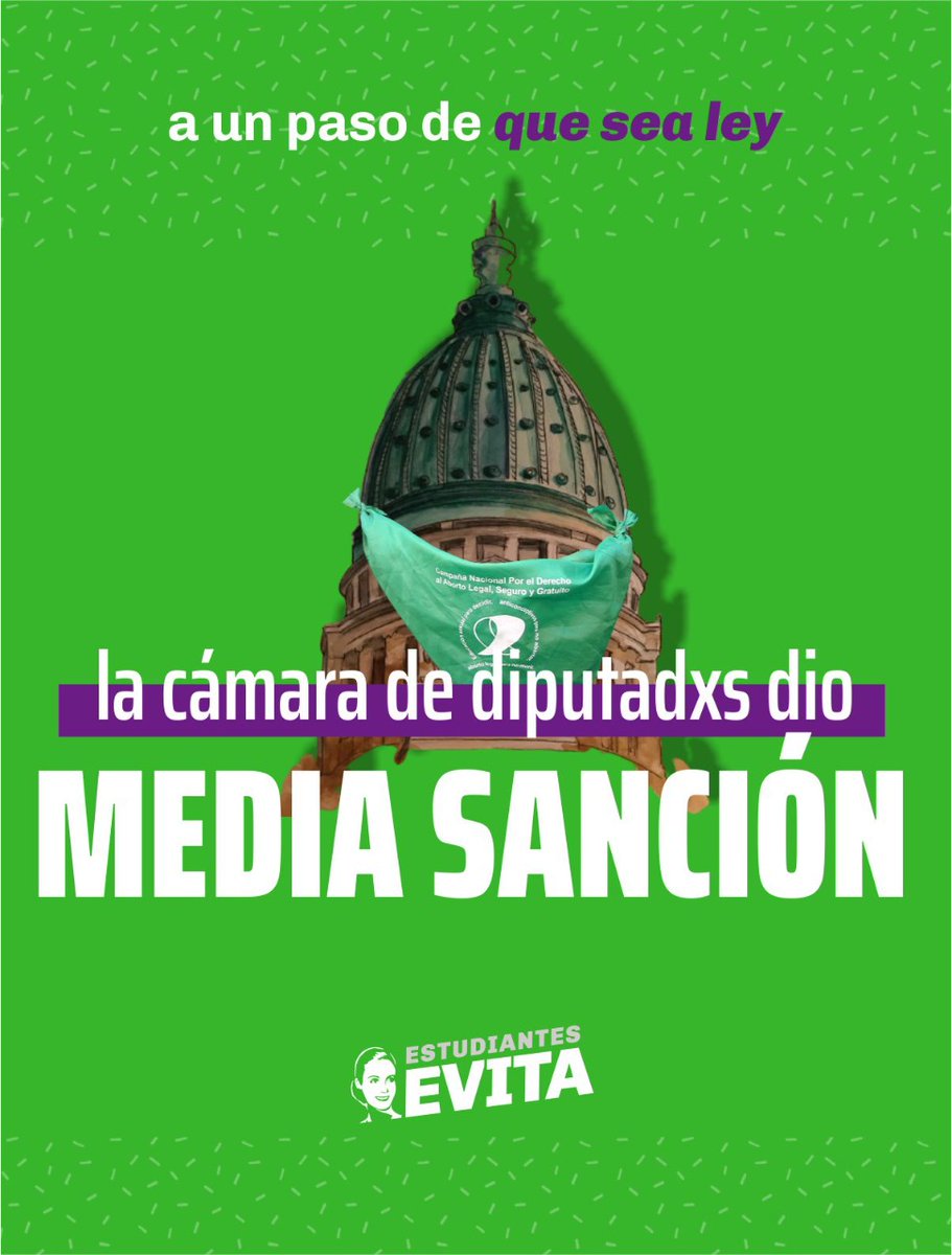 UESRosario's tweet photo. Tenemos MEDIA SANCIÓN al proyecto de ley por el ABORTO LEGAL 💚

En el día de hoy se realizó la votación del proyecto de ley por el aborto legal seguro y gratuito en la Cámara de Diputadxs de la Nación

131 A FAVOR ✅
117 EN CONTRA ❎
6 ABSTENCIONES 🟢

Es ahora: QUE SEA LEY 💚 https://t.co/3w6sD1jtQ0