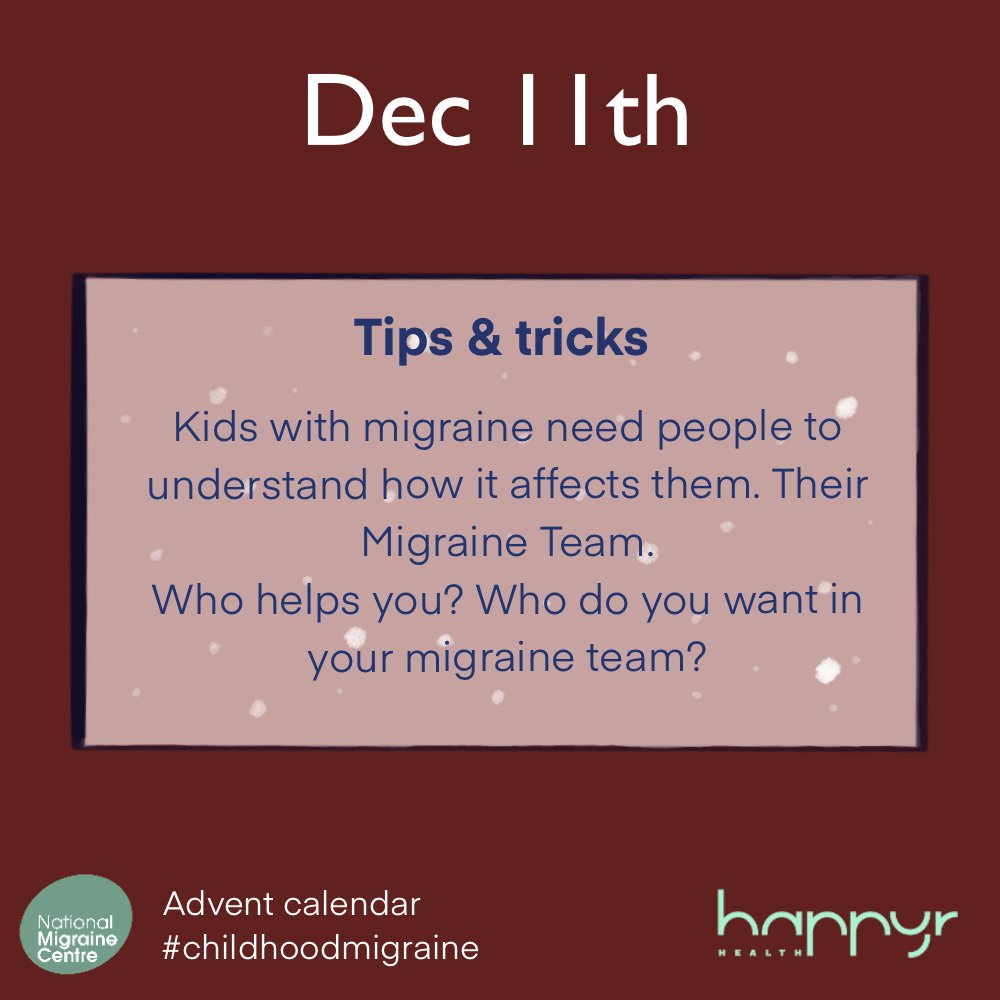 HappyrHealth's tweet photo. Migraine in young people is extra complex 🤓

What helps?
Teamwork does! 

🎄This is exactly what door 11 of our advent calendar with the @NatMigraineCtr  is about.

Who is in your Migraine Team? Who else would you want in your team?

#migraine #childhoodmigraine #emotionalhealth https://t.co/GV65W3aVcw