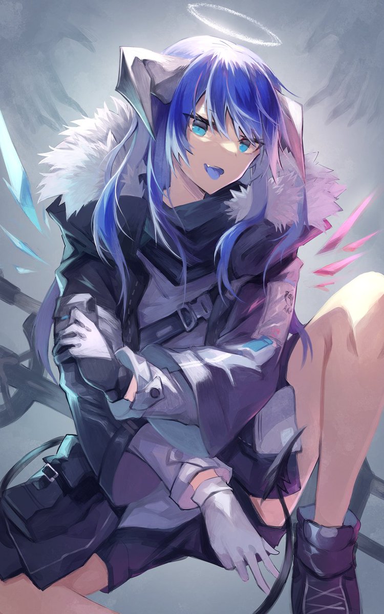 mostima (arknights) 1girl colored tongue blue tongue blue hair solo horns blue eyes  illustration images