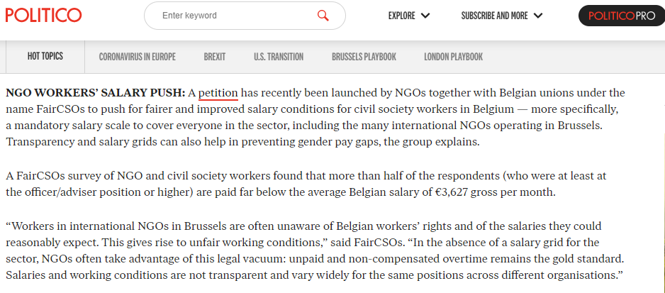 📰The claim of #FairCSOs reaches <a href="/POLITICOEurope/">POLITICOEurope</a>!

"A petition has been launched by NGOs together with Belgian unions to push for fairer &amp; improved salary conditions for #civilsociety workers in #Belgium"

Sign #BetterWages4NGOs: faircsos.org

politico.eu/newsletter/pol…