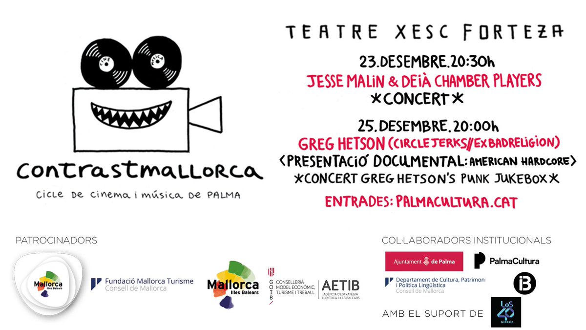 Arriba #ContrastMallorca! El cicle de #cinema i #música de Palma ❤️🎥🎶

Els dies 23 i 25 de desembre al Teatre Xesc Forteza 👇

🎟️ No badis, reserva les teves entrades a palmacultura.koobin.cat

#CulturaSegura #PalmaCultura #PalmaCreativa