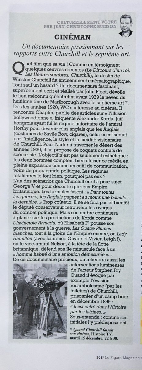 Churchill and the Movie Mogul is coming out in France under the title - “Quand Churchill faisait son cinéma”. It will be on Histoire TV this Tuesday at 10.30pm and then Sunday 20th at 6.45pm. It was chosen by Jean-Christophe Buisson for his weekly chronicle in the Figaro Magazine