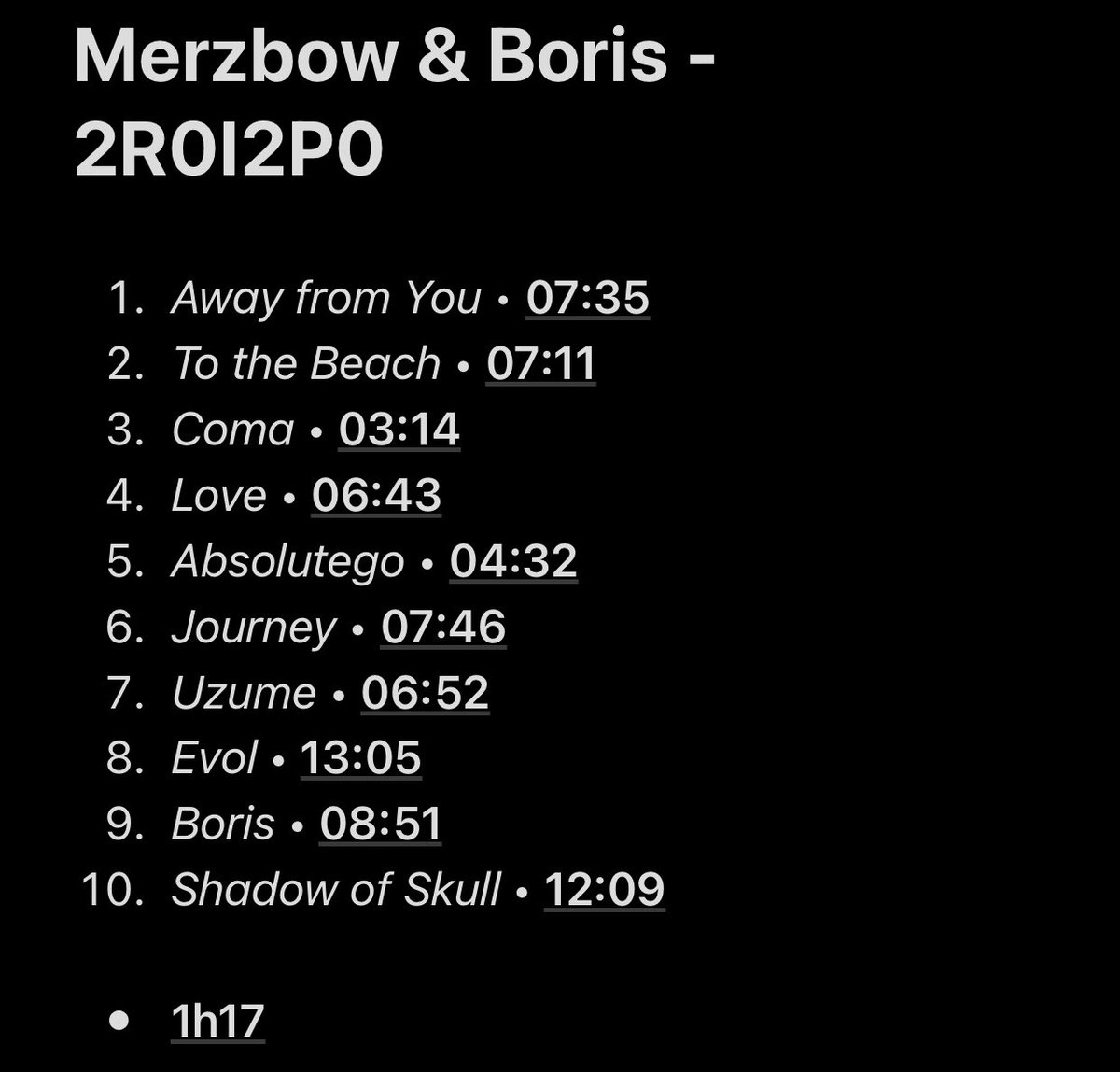 110/110: 2R0I2P0 (with Boris)Damn what a project and a great way to finish this thread. Merzbow and Boris set a stunning atmosphere and make a very good album.Listening to all of these albums was a pretty intense experience but I made it, I finished my challenge. Wow.