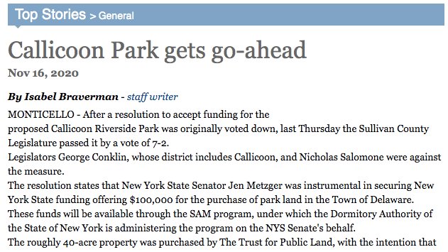 'The resolution states that New York State Senator Jen Metzger was instrumental in securing New York State funding offering $100,000 for the purchase of park land in the Town of Delaware.' 🗞 @SullCoDemocrat: bit.ly/378SGMv