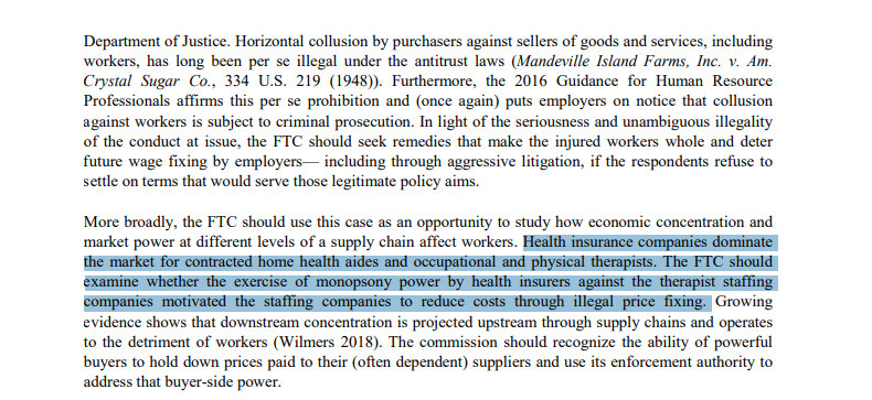 12. In health care and other markets, monopolists or oligopolists at one level (say insurance) dominate other firms and can pressure these weaker parties to control costs by, in turn, squeezing workers, as Heidi, Marshall, and I wrote in our comment