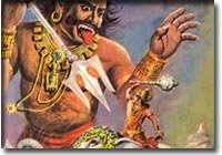 Vritasura started to follow Indra wherever he went &giving trouble to him.Indra was no match to Vritasura.Later,he sought help of Dhatheesi Rishi who gave up his life &Vajra ayutha was made from his spinal chord.With Vajra ayutha ,Indra killed Vritasura.