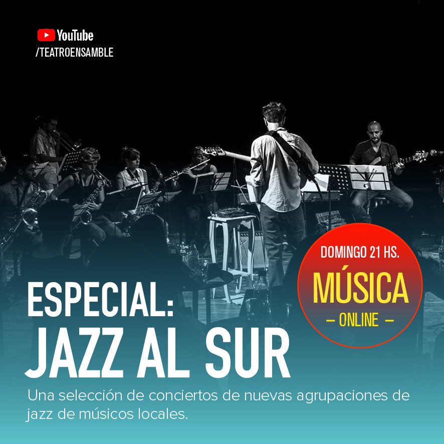 HOY #Domingo 29 de noviembre, 21 hs. 
"JAZZ AL SUR”
Una selección de conciertos de nuevas agrupaciones de jazz de músicos locales.

Pablo Gutiérrez Ensamble, Gran Trane, Leandro Zappino grupo y Juan Mazzetti sexteto
Foto de Pablo Gutiérrez.

Vía Youtube live
IMPERDIBLE