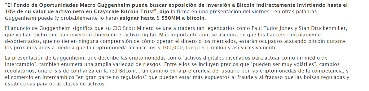 DBATTAGLIAYtube's tweet photo. Es posible que el dip de 16% de #bitcoin dure poco, un nuevo fondo de inversiones Macro Guggenheim invertira unos $500 millones en la crypto. ¿Que opinas? https://t.co/XRZbFeZ9wb