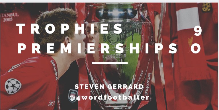 TROPHIES 9 PREMIERSHIPS 0 #StevenGerrard #Gerrard #LFC #YNWA #4wordfootballer #LFCFamily Happy Birthday Stevie. https://t.co/C9ICmXDDxf